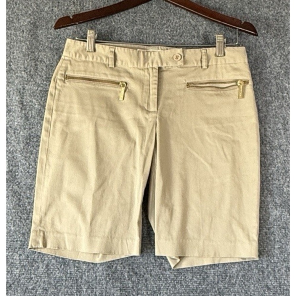Michael Kors Women's Khaki Shorts Size 4 Gold Zipper Detail Dressy Bermuda